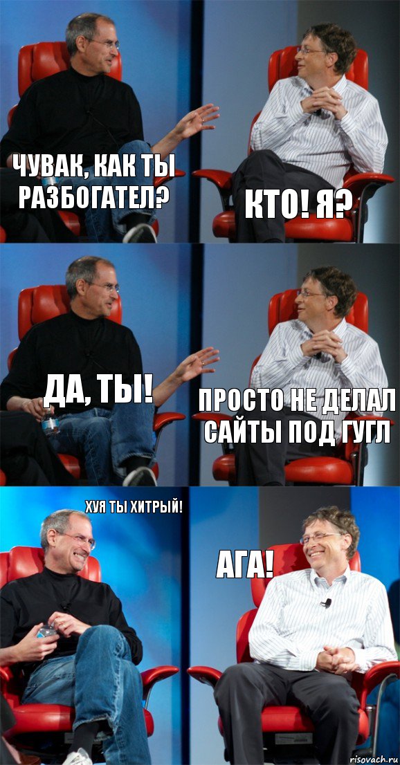 Чувак, как ты разбогател? Кто! Я? Да, ТЫ! просто не делал сайты под гугл хуя ты хитрый! АГА!