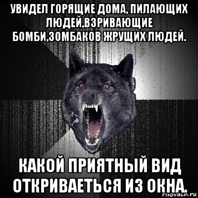 увидел горящие дома, пилающих людей,взривающие бомби,зомбаков жрущих людей. какой приятный вид откриваеться из окна.