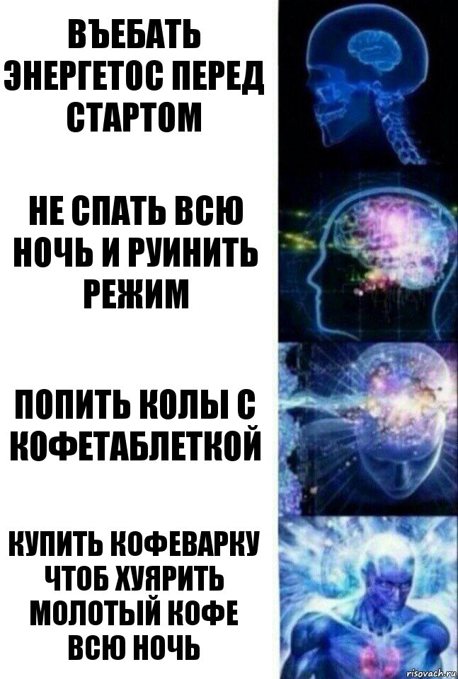 въебать энергетос перед стартом не спать всю ночь и руинить режим попить колы с кофетаблеткой купить кофеварку чтоб хуярить молотый кофе всю ночь, Комикс  Сверхразум