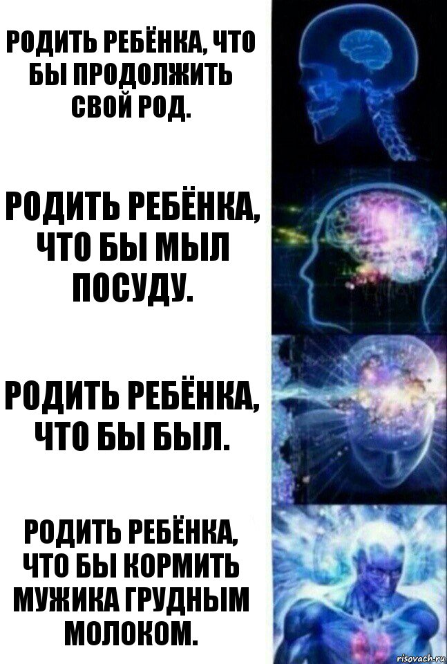 Родить ребёнка, что бы продолжить свой род. Родить ребёнка, что бы мыл посуду. Родить ребёнка, что бы был. Родить ребёнка, что бы кормить мужика грудным молоком., Комикс  Сверхразум