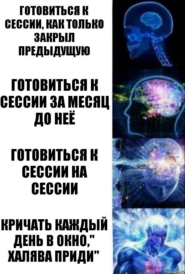 Готовиться к сессии, как только закрыл предыдущую Готовиться к сессии за месяц до неё Готовиться к сессии на сессии Кричать каждый день в окно," халява приди", Комикс  Сверхразум