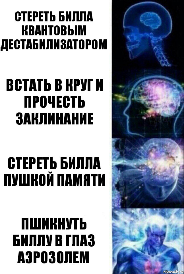 Стереть Билла квантовым дестабилизатором Встать в круг и прочесть заклинание Стереть Билла пушкой памяти Пшикнуть Биллу в глаз аэрозолем, Комикс  Сверхразум