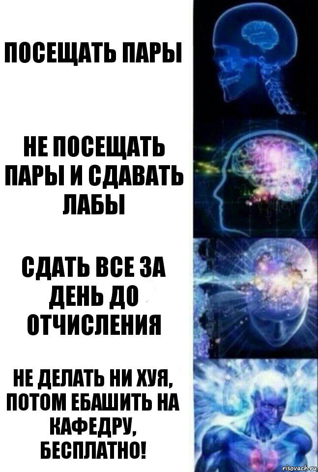 Посещать пары Не посещать пары и сдавать лабы Сдать все за день до отчисления Не делать ни хуя, потом ебашить на кафедру, бесплатно!, Комикс  Сверхразум