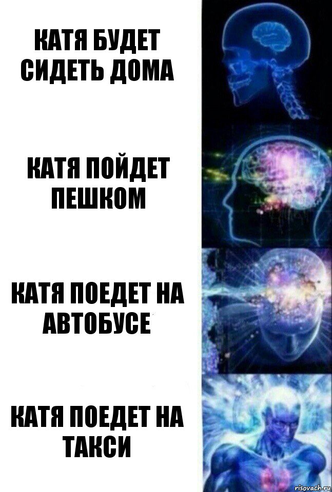 Катя будет сидеть дома Катя пойдет пешком Катя поедет на автобусе Катя поедет на такси, Комикс  Сверхразум