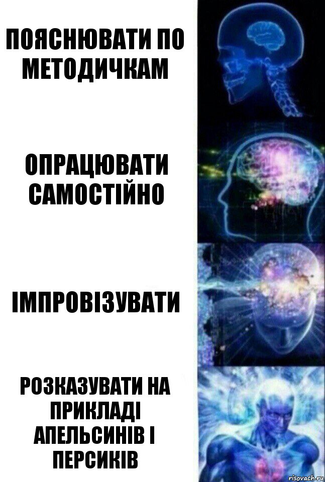 Пояснювати по методичкам Опрацювати самостійно Імпровізувати Розказувати на прикладі апельсинів і персиків, Комикс  Сверхразум