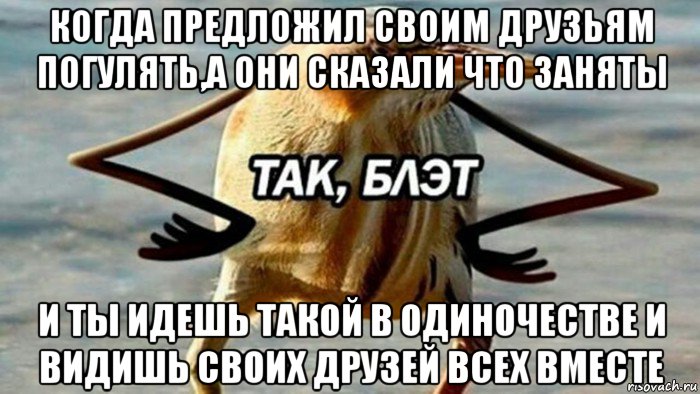 когда предложил своим друзьям погулять,а они сказали что заняты и ты идешь такой в одиночестве и видишь своих друзей всех вместе, Мем  Так блэт