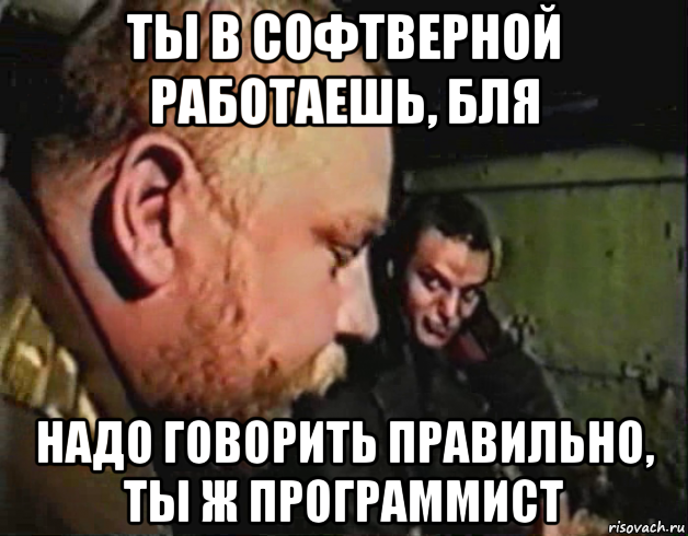 ты в софтверной работаешь, бля надо говорить правильно, ты ж программист, Мем Зелёный слоник