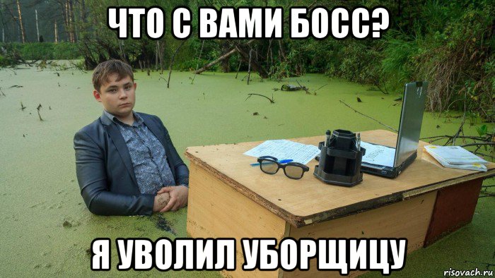 что с вами босс? я уволил уборщицу, Мем  Парень сидит в болоте