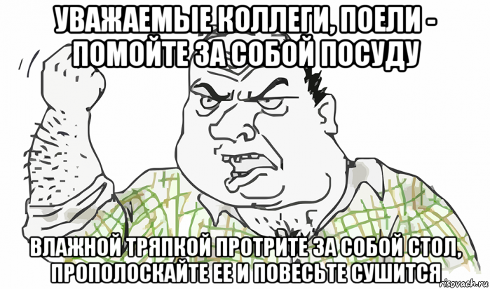 уважаемые коллеги, поели - помойте за собой посуду влажной тряпкой протрите за собой стол, прополоскайте ее и повесьте сушится, Мем Будь мужиком