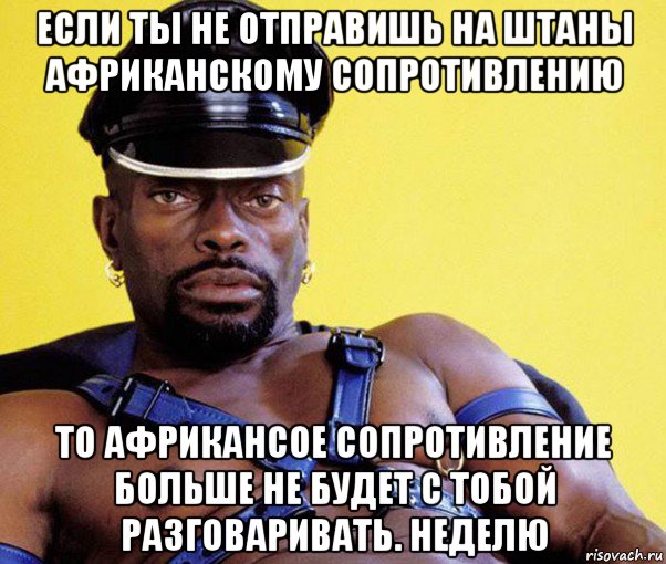 если ты не отправишь на штаны африканскому сопротивлению то африкансое сопротивление больше не будет с тобой разговаривать. неделю, Мем Черный господин