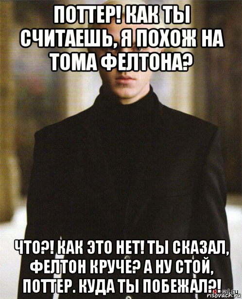 поттер! как ты считаешь, я похож на тома фелтона? что?! как это нет! ты сказал, фелтон круче? а ну стой, поттер. куда ты побежал?!