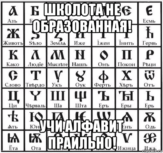 школота не образованная! учи алфавит праильно!, Мем Древний славянский алфавит