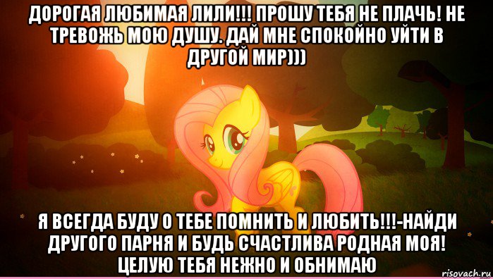 дорогая любимая лили!!! прошу тебя не плачь! не тревожь мою душу. дай мне спокойно уйти в другой мир))) я всегда буду о тебе помнить и любить!!!-найди другого парня и будь счастлива родная моя! целую тебя нежно и обнимаю