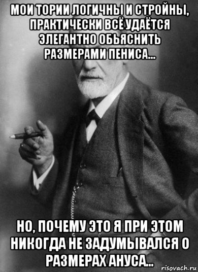 мои тории логичны и стройны, практически всё удаётся элегантно обьяснить размерами пениса... но, почему это я при этом никогда не задумывался о размерах ануса..., Мем    Фрейд