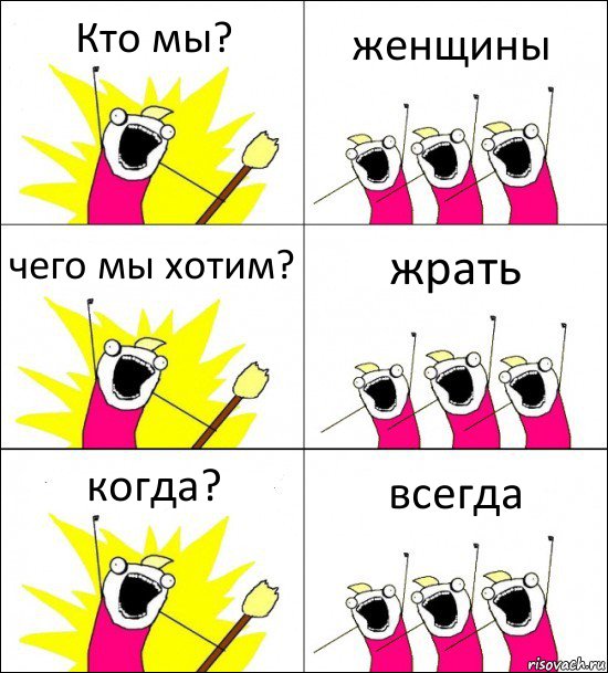 Кто мы? женщины чего мы хотим? жрать когда? всегда