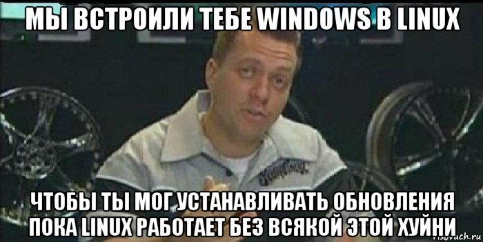 мы встроили тебе windows в linux чтобы ты мог устанавливать обновления пока linux работает без всякой этой хуйни