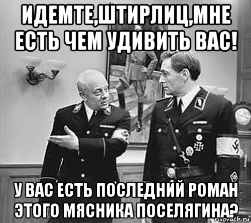 идемте,штирлиц,мне есть чем удивить вас! у вас есть последний роман этого мясника поселягина?