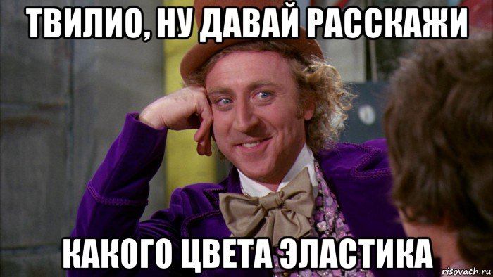 твилио, ну давай расскажи какого цвета эластика, Мем Ну давай расскажи (Вилли Вонка)