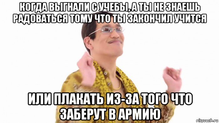 когда выгнали с учебы, а ты не знаешь радоваться тому что ты закончил учится или плакать из-за того что заберут в армию, Мем    PenApple