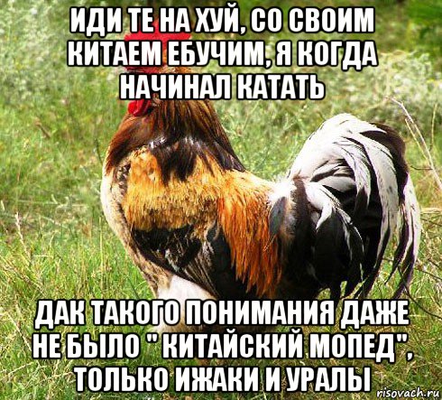 иди те на хуй, со своим китаем ебучим, я когда начинал катать дак такого понимания даже не было " китайский мопед", только ижаки и уралы