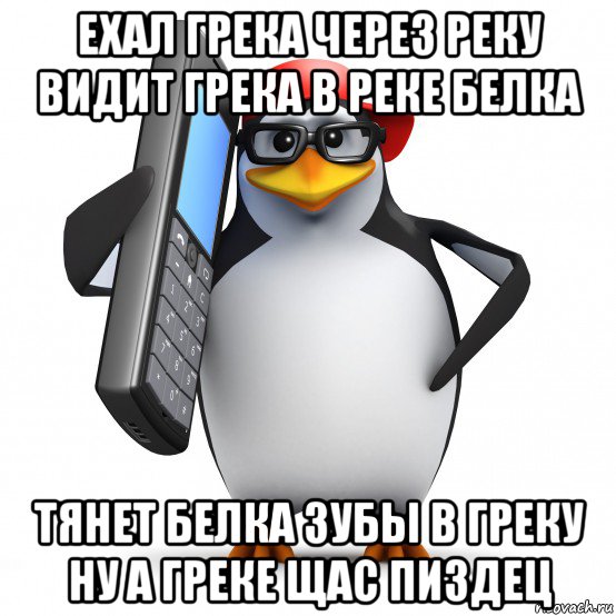 ехал грека через реку видит грека в реке белка тянет белка зубы в греку ну а греке щас пиздец, Мем   Пингвин звонит