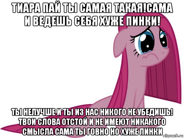 тиара пай ты самая такая!сама и ведешь себя хуже пинки! ты нелучше и ты из нас никого не убедишь! твои слова отстой и не имеют никакого смысла сама ты говно но хуже пинки, Мем Пинкамина гавно