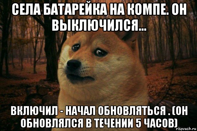 села батарейка на компе. он выключился... включил - начал обновляться . (он обновлялся в течении 5 часов), Мем SAD DOGE