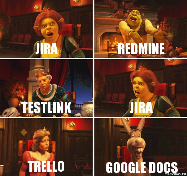 JIRA REDMINE TESTLINK JIRA TRELLO GOOGLE DOCS, Комикс  Шрек Фиона Гарольд Осел