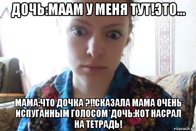 дочь:маам у меня тут!это... мама:что дочка ?!!сказала мама очень испуганным голосом*дочь:кот насрал на тетрадь!, Мем    Скайп файлообменник