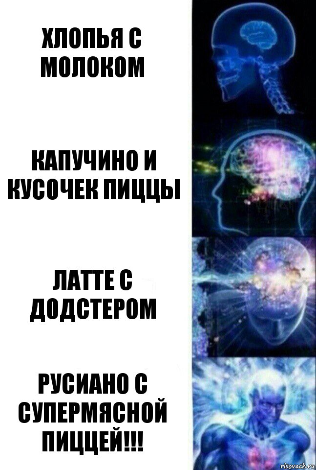 Хлопья с молоком Капучино и кусочек пиццы Латте с додстером Русиано с супермясной пиццей!!!, Комикс  Сверхразум