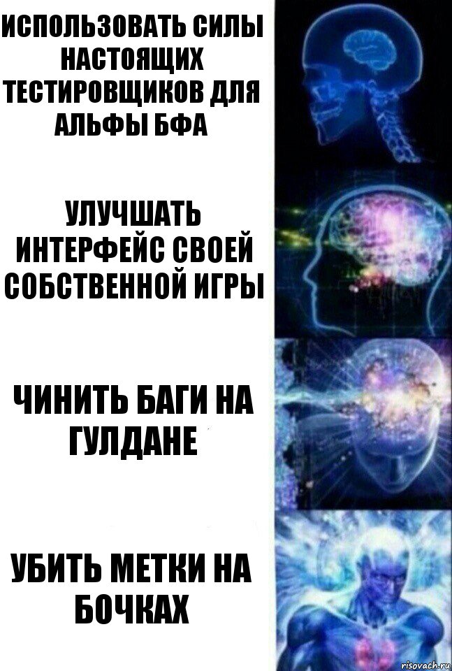 использовать силы настоящих тестировщиков для альфы бфа улучшать интерфейс своей собственной игры чинить баги на гулдане убить метки на бочках, Комикс  Сверхразум