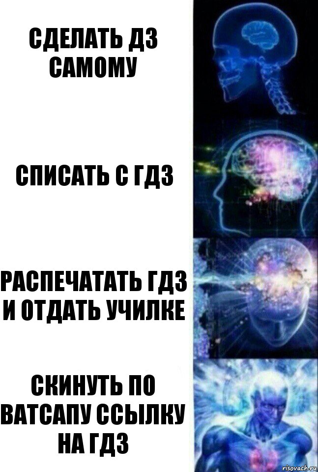 сделать дз самому списать с гдз распечатать гдз и отдать училке скинуть по ватсапу ссылку на гдз, Комикс  Сверхразум