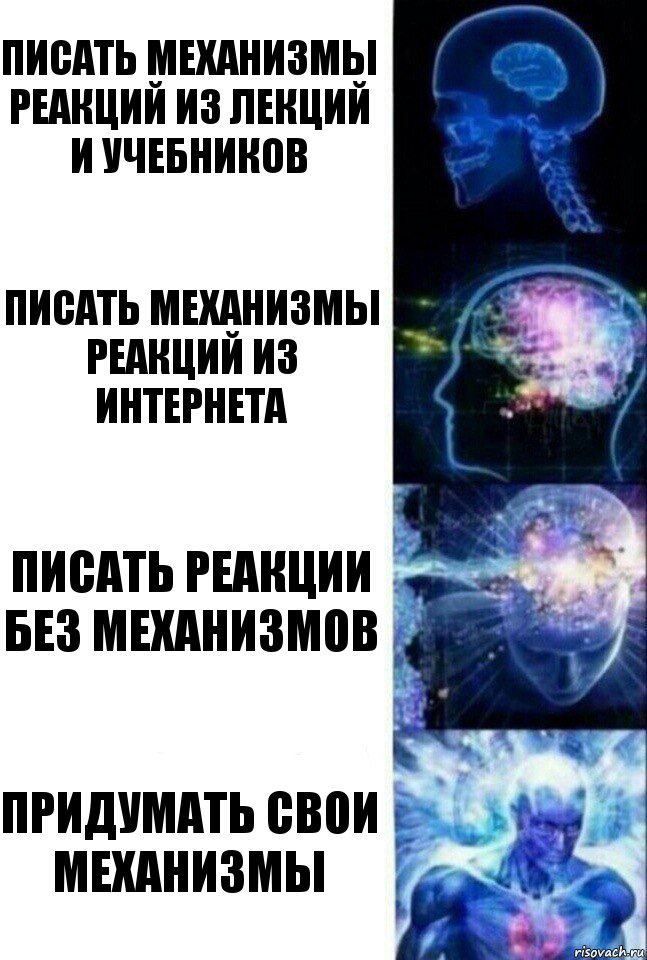 Писать механизмы реакций из лекций и учебников Писать механизмы реакций из интернета Писать реакции без механизмов Придумать свои механизмы, Комикс  Сверхразум