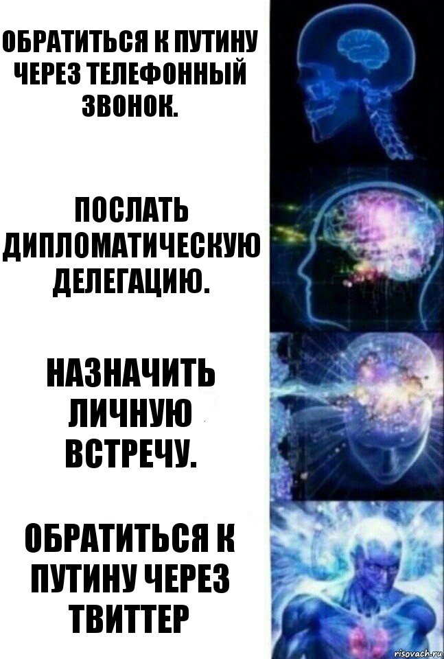 Обратиться к путину через телефонный звонок. послать дипломатическую делегацию. назначить личную встречу. обратиться к Путину через твиттер, Комикс  Сверхразум