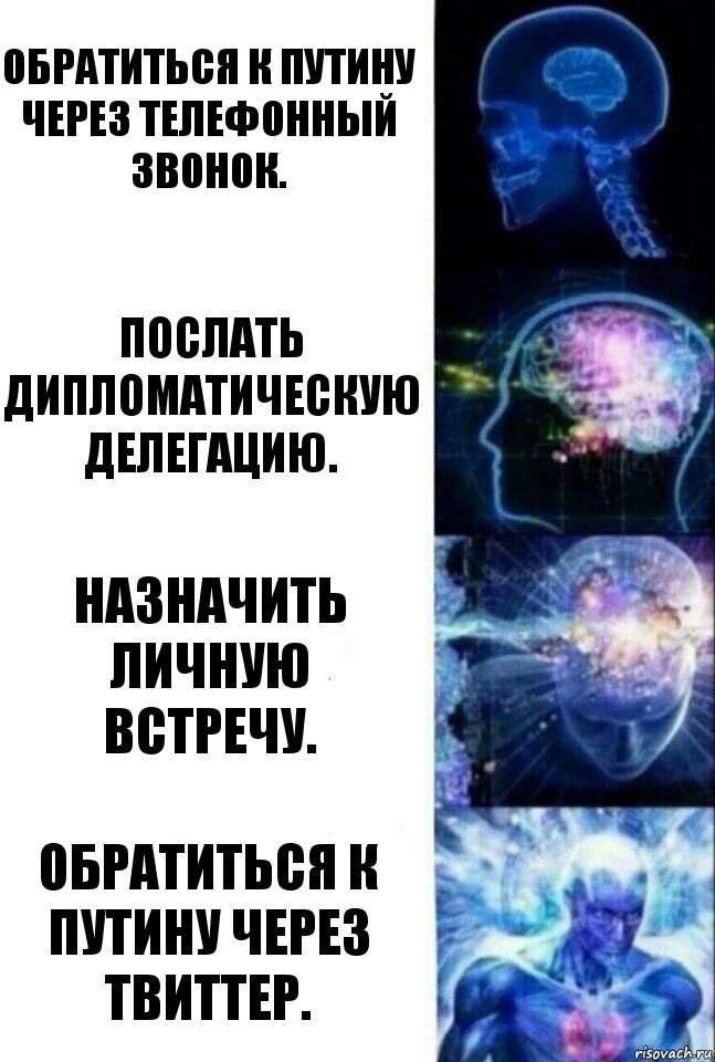 Обратиться к путину через телефонный звонок. послать дипломатическую делегацию. назначить личную встречу. обратиться к Путину через твиттер., Комикс  Сверхразум