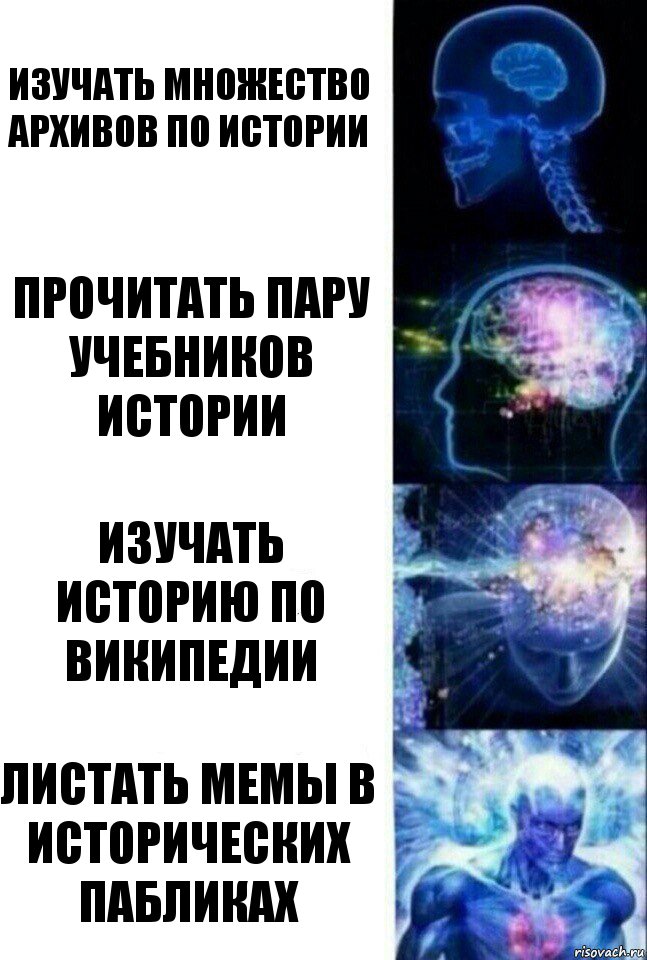 Изучать множество архивов по истории Прочитать пару учебников истории Изучать историю по википедии Листать мемы в исторических пабликах, Комикс  Сверхразум