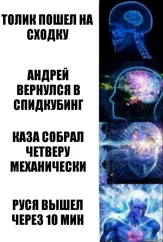 Толик пошел на сходку Андрей вернулся в спидкубинг Каза собрал четверу механически Руся вышел через 10 мин, Комикс  Сверхразум