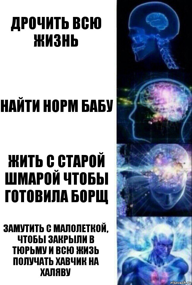 Дрочить всю жизнь Найти норм бабу жить с старой шмарой чтобы готовила борщ Замутить с малолеткой, чтобы закрыли в тюрьму и всю жизь получать хавчик на халяву, Комикс  Сверхразум