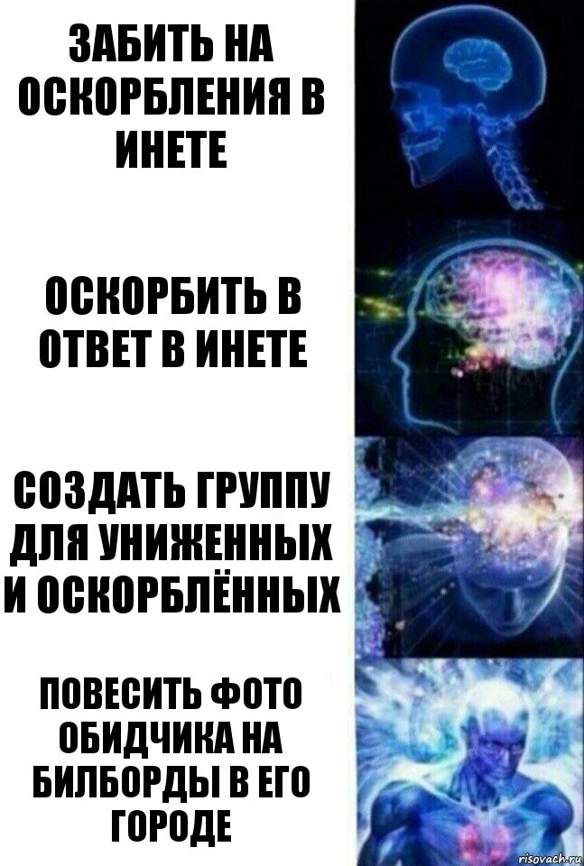 Забить на оскорбления в инете Оскорбить в ответ в инете Создать группу для униженных и оскорблённых Повесить фото обидчика на билборды в его городе, Комикс  Сверхразум