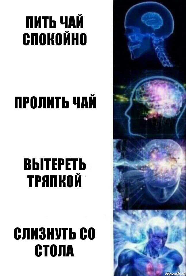 Пить чай спокойно Пролить чай Вытереть тряпкой Слизнуть со стола, Комикс  Сверхразум