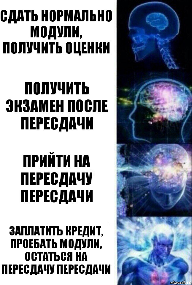 Сдать нормально модули, получить оценки получить экзамен после пересдачи прийти на пересдачу пересдачи заплатить кредит, проебать модули, остаться на пересдачу пересдачи, Комикс  Сверхразум