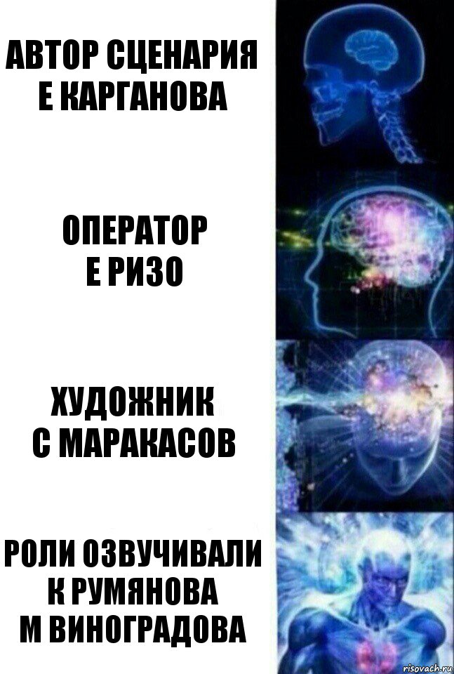 автор сценария
Е Карганова оператор
Е Ризо художник
С Маракасов роли озвучивали
К Румянова
М Виноградова, Комикс  Сверхразум