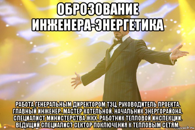 оброзование инженера-энергетика работа генеральным директором тэц. руководитель проекта. главный инженер. мастер котельной. начальник энергорайона. специалист министерства жкх. работник тепловой инспекции. ведущий специалист сектор поключения к тепловым сетям., Мем Тони Старк (Роберт Дауни младший)