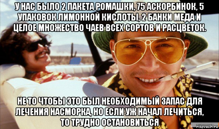 у нас было 2 пакета ромашки, 75 аскорбинок, 5 упаковок лимонной кислоты, 2 банки меда и целое множество чаев всех сортов и расцветок. не то чтобы это был необходимый запас для лечения насморка, но если уж начал лечиться, то трудно остановиться