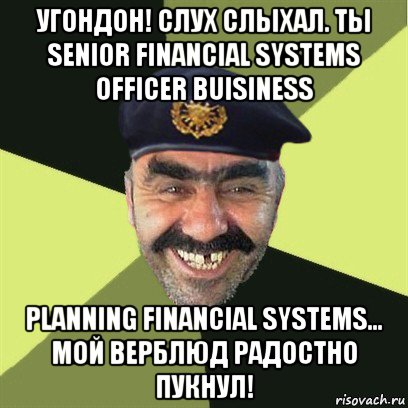 угондон! слух слыхал. ты senior financial systems officer buisiness planning financial systems... мой верблюд радостно пукнул!, Мем airsoft