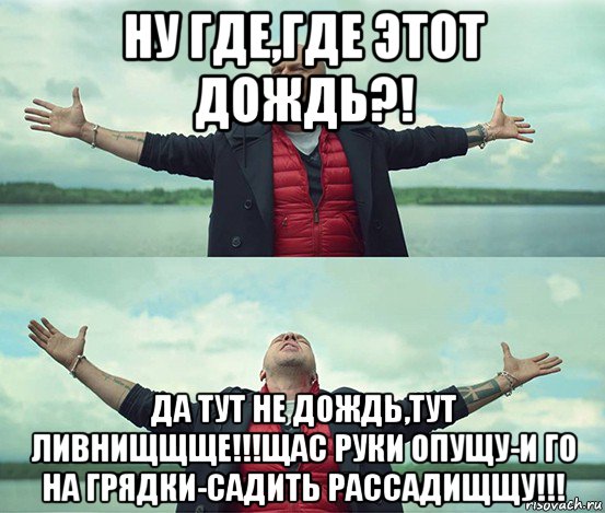 ну где,где этот дождь?! да тут не дождь,тут ливнищщще!!!щас руки опущу-и го на грядки-садить рассадищщу!!!, Мем Безлимитище