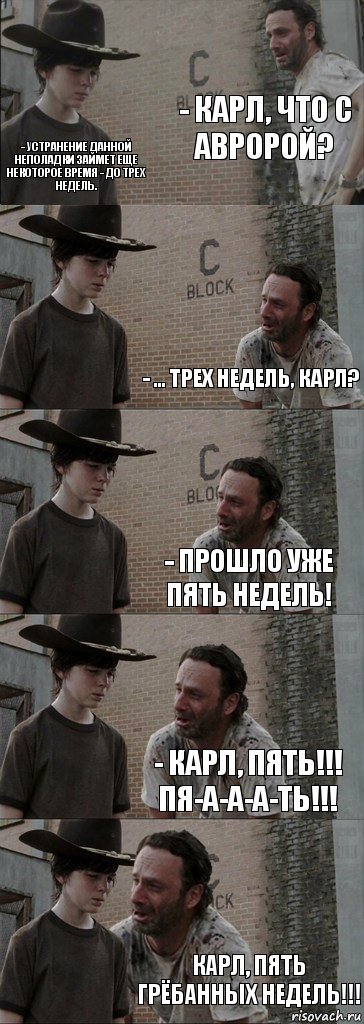 - карл, что с авророй? - Устранение данной неполадки займет еще некоторое время - до трех недель. - ... трех недель, карл? - прошло уже пять недель! - карл, пять!!! пя-а-а-а-ть!!! карл, пять грёбанных недель!!!, Комикс  Carl