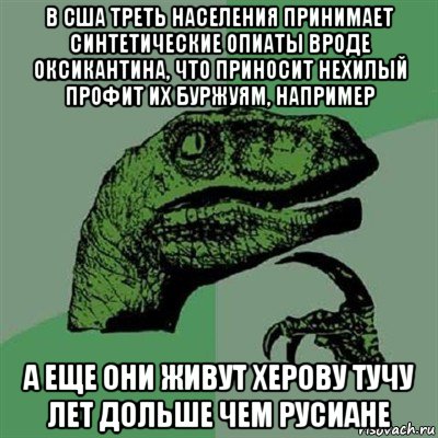 в сша треть населения принимает синтетические опиаты вроде оксикантина, что приносит нехилый профит их буржуям, например а еще они живут херову тучу лет дольше чем русиане, Мем Филосораптор