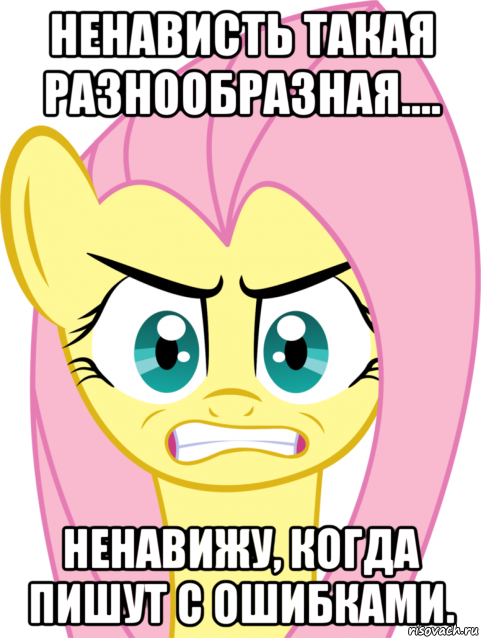 ненависть такая разнообразная.... ненавижу, когда пишут с ошибками., Мем Флаттершай гнев