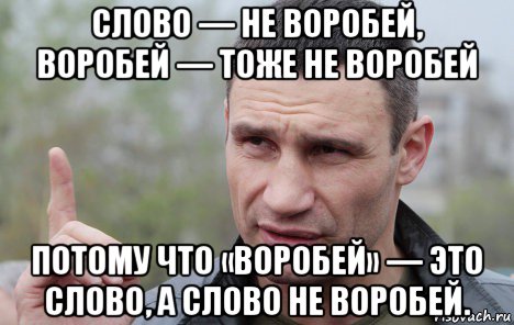 слово — не воробей, воробей — тоже не воробей потому что «воробей» — это слово, а слово не воробей., Мем Кличко говорит